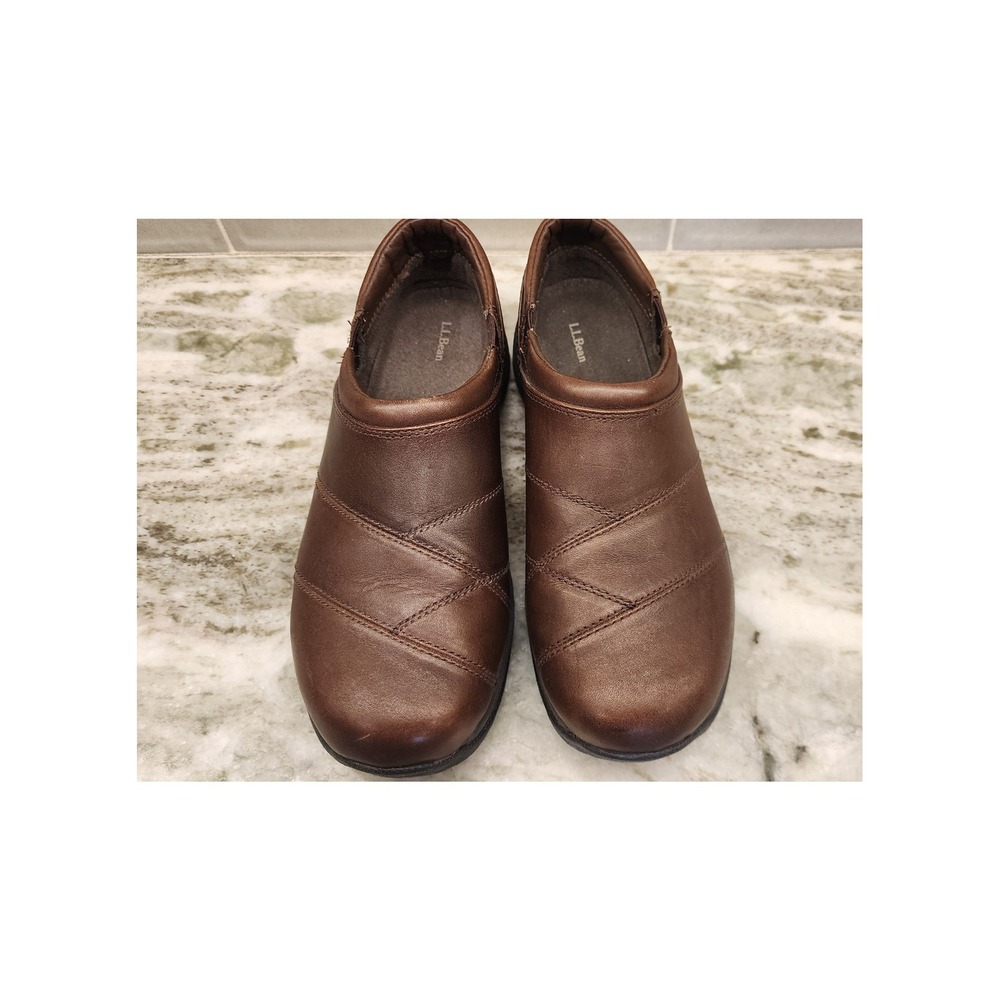 LL Bean Leather Slip On Shoes Womens 9 Wide Brown Comfort Walking Clogs